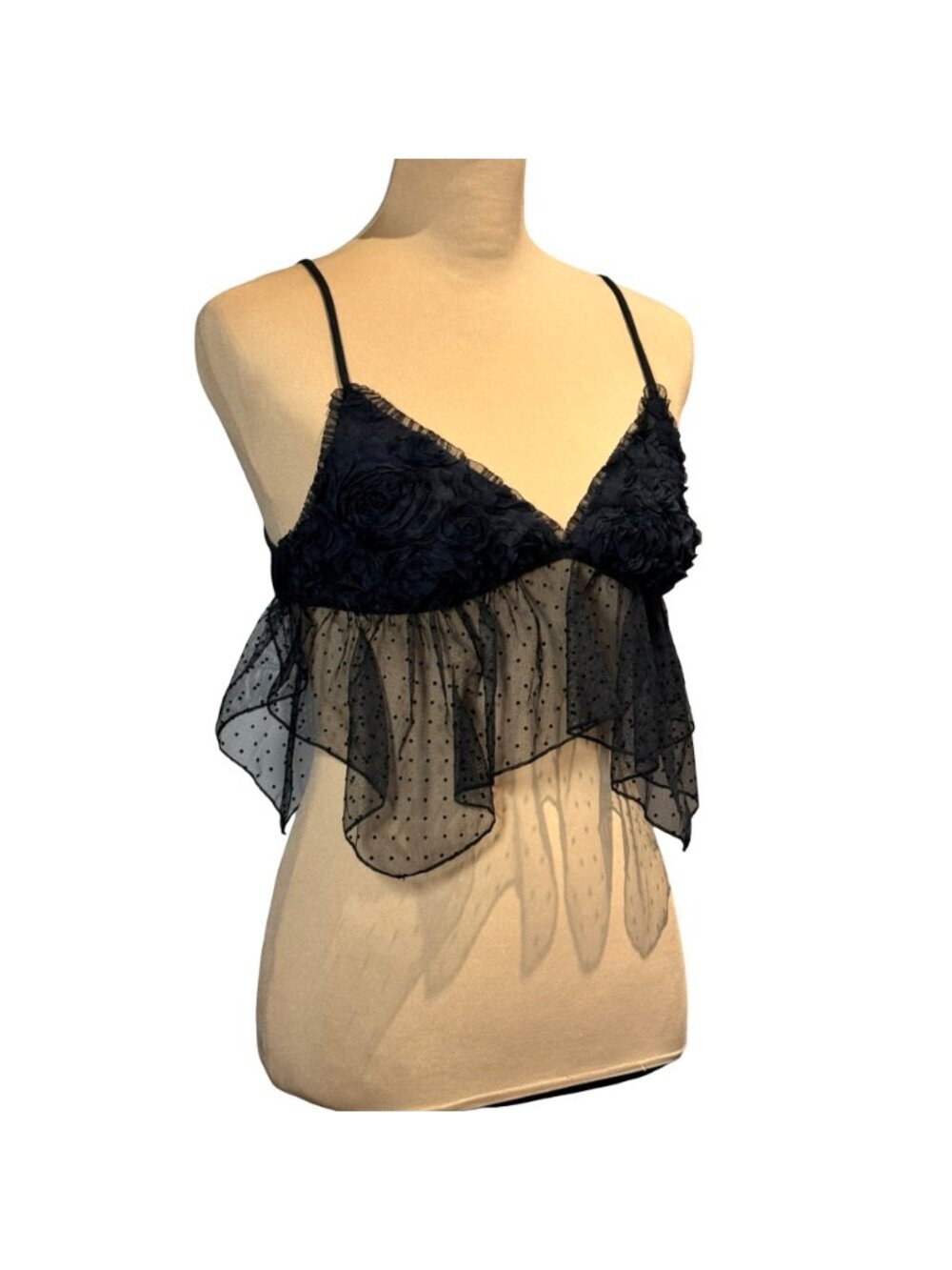 NEW Kimchi Blue Black Lace Asymmetric Babydoll Crop Top Sz S 3D Flower Ethereal - Picture 13 of 15